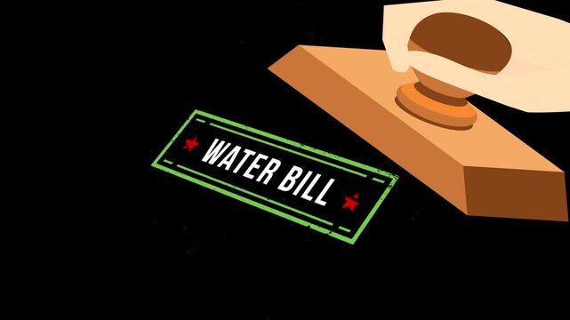 A hand holding a wooden rubber stamp marking the text water bill with smoke effects