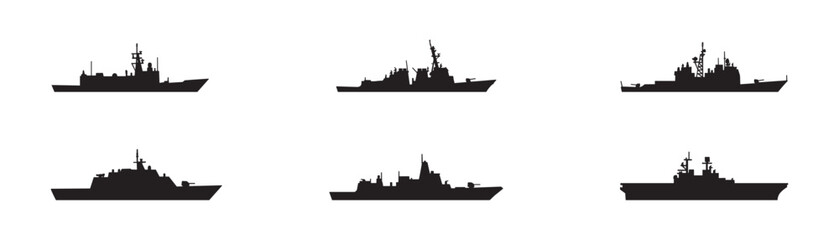 Naklejka premium Warship icon set. Military vessel, destroyer, frigate, battleship, aircraft carrier, and naval boat silhouette. Vector illustration.