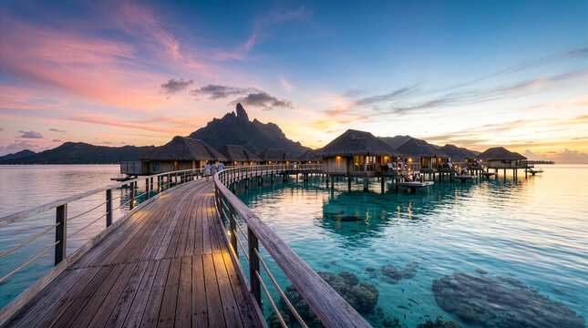 Luxury Overwater Bungalows and Boardwalk at Sunset in Bora Bora