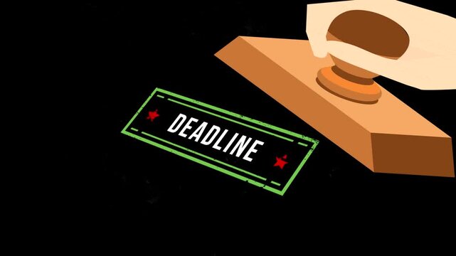 A hand holding a wooden rubber stamp marking the word deadline on a surface with smoke