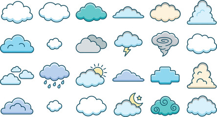 Obraz premium Diverse Weather Icons in Flat Vector Style with Clean Background