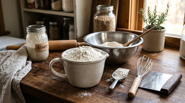 Rustic kitchen scene with flour and baking tools.