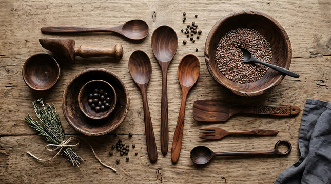 Rustic wooden kitchen utensils and spices on table.
