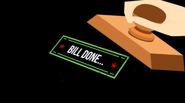 A hand stamping a document with the phrase bill done surrounded by smoke effects