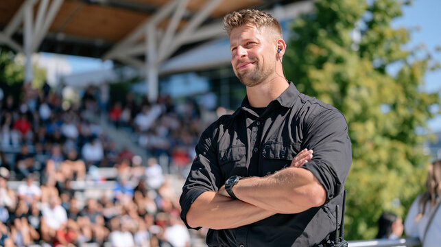 A solitary concert security officer stands post on a rooftop event venue under harsh midday sun, earpiece in place, scanning an outdoor amphitheater crowd below, urban festival safety and crowd mana