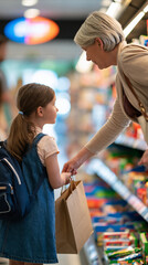 Obraz premium rear view of a grandmother and granddaughter shopping for school supplies together in a bright store, backs to camera, back to school concept, family, intergenerational,