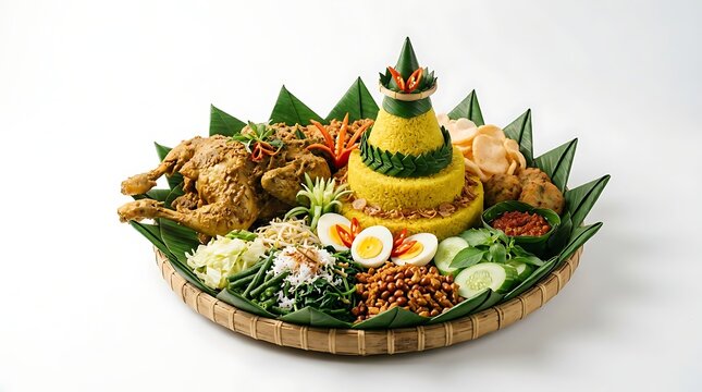 Traditional Indonesian Nasi Tumpeng with various side dishes on a woven bamboo tray.