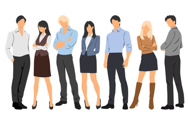 Obraz premium Set of full body images of business people, men and women, front and side views; cartoon style characters, silhouettes, flat icons, stylized design, isolated objects on a white background