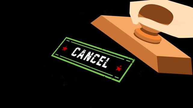 A hand using a wooden rubber stamp to mark cancel on a dark textured background