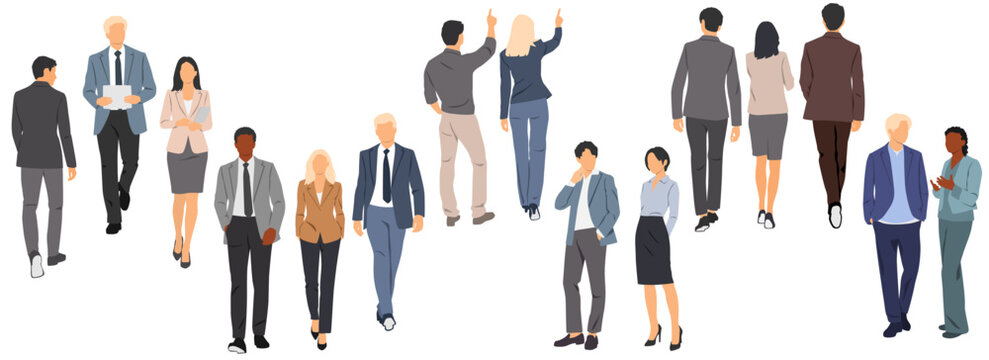 Set of business people, men and women, standing and walking, with a laptop and a document folder, hamd up, front and back views, cartoon characters, silhouettes, flat icon, stylized design