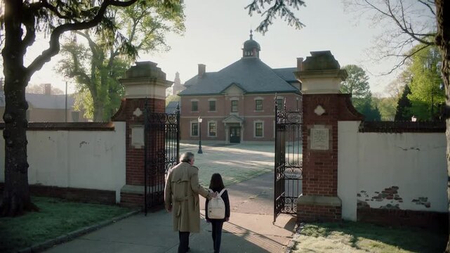 Open gate leading man guiding girl heading to class at school, wearing trench coat and backpack
