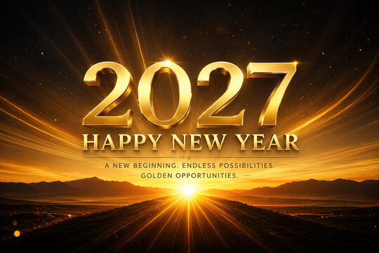 golden sunrise, 2027 new year, happy new year 2027, new year greeting, new year celebration, 2027 celebration, sunrise, golden light, glowing text, inspirational greeting, festive background, holiday 