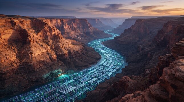 Surreal Big Data Metaphor Showing a Canyon River Flowing with Illuminated Glass Server Drives