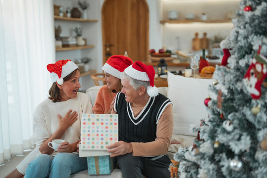 Senior woman reacts with surprise as husband gives her Christmas present while adult daughter joins holiday celebration at home.