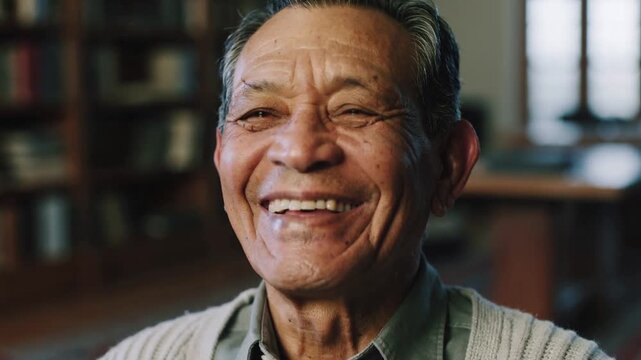 Laughing senior Hispanic man leaning camera pulling back in home reacting to joke, showing cardigan