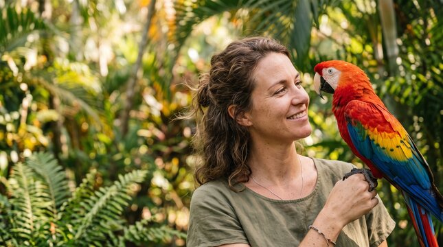 An adult woman in a tropical garden gently interacting with a colorful parrot perched on her hand; the two are looking at each other, with expressions of curiosity and connection.