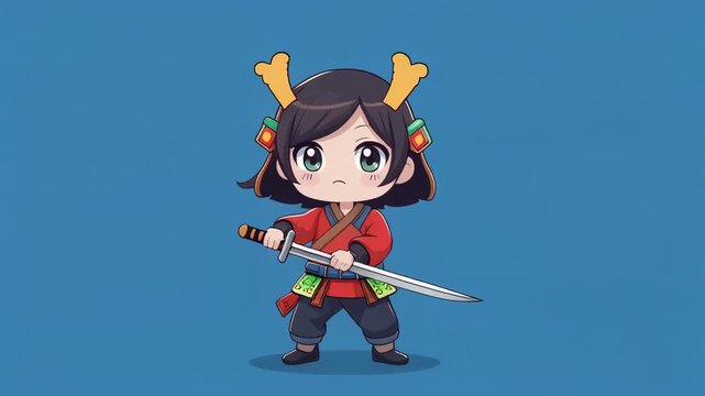 Chibi Samurai warrior with sword in dynamic stance against blue background cinematic motion graphic