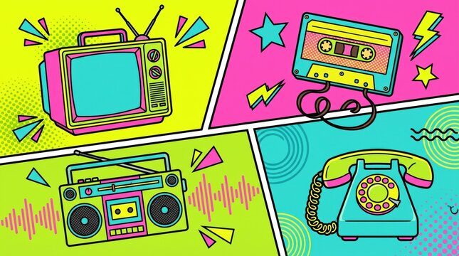Retro 80s 90s vintage tech vector illustration pattern with boombox, cassette player, tv, camera, headphones, joystick, and telephone.