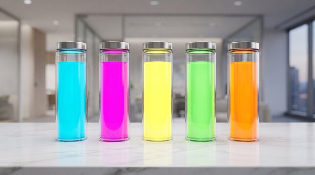 Conceptual Data Silo Metaphor of Sealed Glass Cylinders Containing Isolated Glowing Liquids