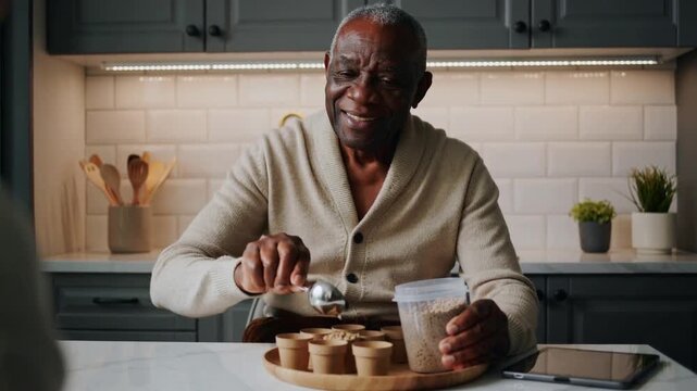 Lifting container senior man in tan cardigan scooping oats into wooden cups in kitchen for two