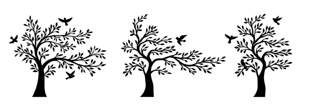 Beautiful tree branch with birds vector silhouette background. Wallpaper design template sticker isolated on white background