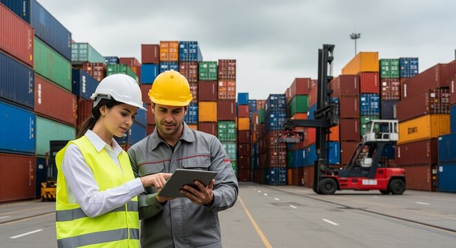 Port workers in hard hats reviewing data on a tablet computer amidst shipping containers and