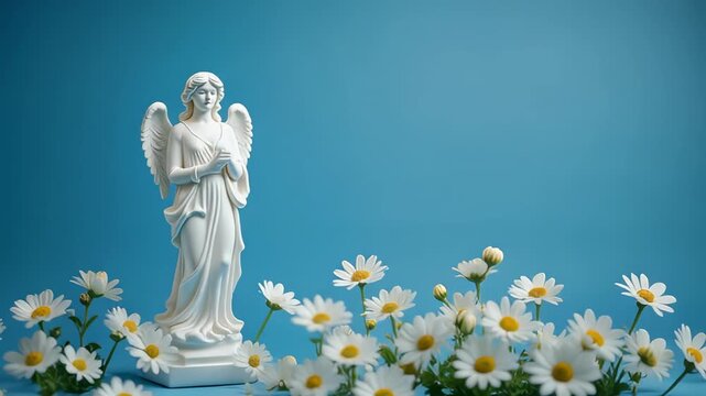 Serene angel statue with blooming daisies against a pastel blue background in soft studio light