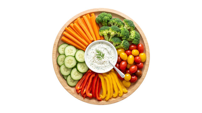 Fresh vegetable crudite platter with creamy dip, colorful raw veggie tray on wooden board, healthy party snacks and appetizers isolated PNG with Transparent Background