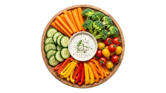 Fresh vegetable crudite platter with creamy dip. Healthy raw veggie snack tray with broccoli and carrots. Colorful appetizer board for party catering. isolated PNG with Transparent Background