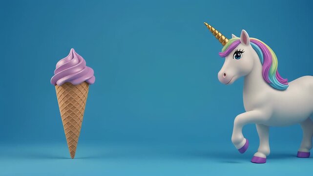 Cute unicorns with ice cream cones on blue background animated in a repeating pattern