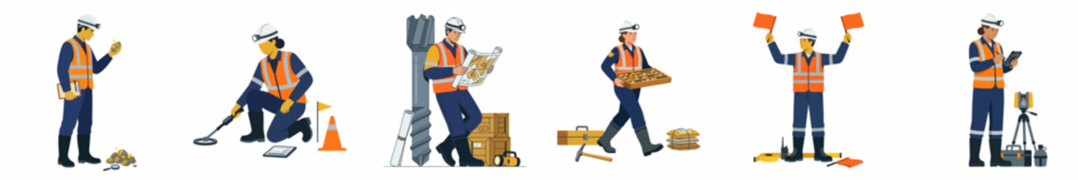 Vector illustrations of construction workers in safety gear performing diverse industrial tasks including surveying, signaling, and equipment operation on a white background.