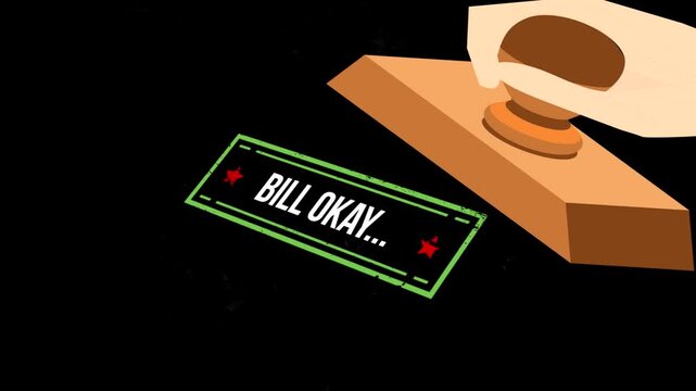 A wooden rubber stamp marking a document with the text bill okay surrounded by ethereal smoke clouds