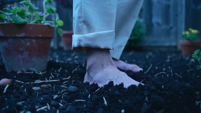 Stepping bare feet and ankles pressing into backyard soil near terracotta pots, with rolled cuffs