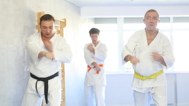 Focused experienced aged judo fighter in kimono standing in attacking stance, practicing punching and blocking techniques as part of kata with group of men