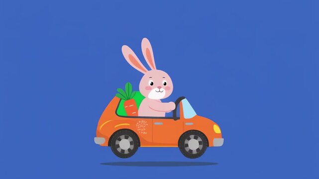 Easter Bunny driving orange car with carrot on blue background seamless motion