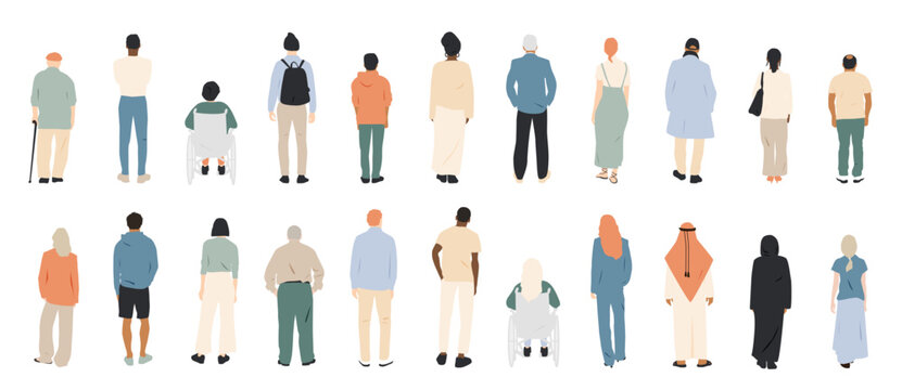 Set of different people standing. Back view. 