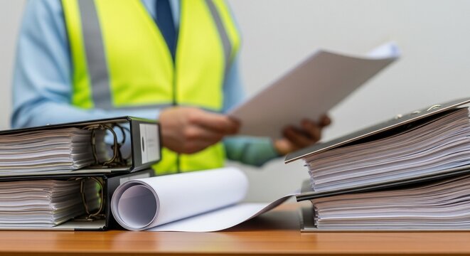 Professional reviewing documents and plans on a desk with binders and blueprints in an