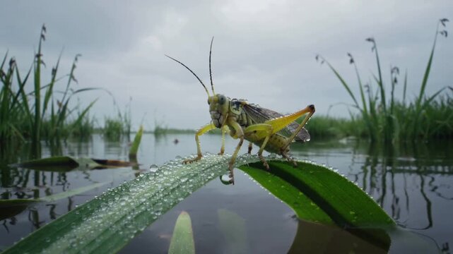 Antennae sensing, grasshopper shifting weight forward on dewy grass blade for balance over pond
