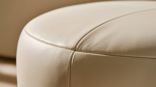 Close up view of smooth beige leather upholstery on a modern sofa corner.