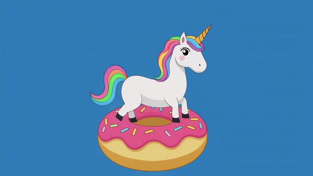 Whimsical unicorn on a pink donut with sprinkles in a bright blue studio setting