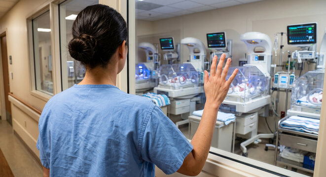 Nurse looks through window at newborn babies in modern neonatal intensive care.