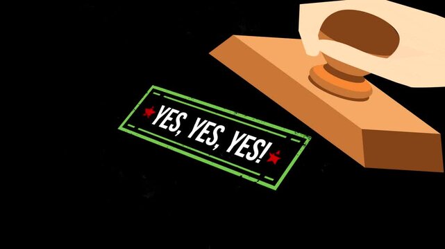 Hand holding a wooden rubber stamp marking yes yes yes text in smoke cloud