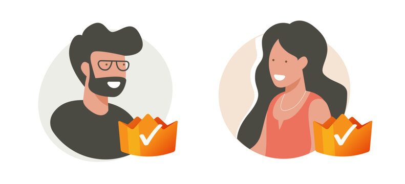 Vip premium user icon set vector drawn doodle minimal modern graphic design, admin profile account with crown as top rank best customer person, royalty membership man woman avatar clip art