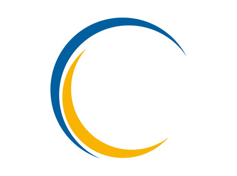 Blue and yellow crescent swoosh vector logo for letter C corporate monogram