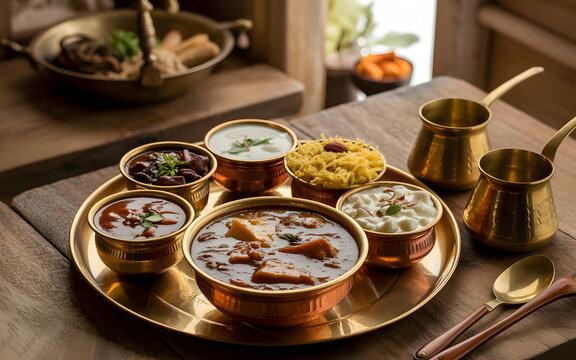 Authentic Himachali Dham Thali with Madra Curry, Rajma Dal, Basmati Rice, Curd and Sweet Rice Pudding Served on Brass and Copper Plates in Rustic Mountain Kitchen Setting