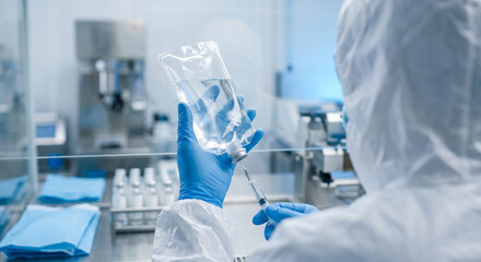 Fototapeta premium Scientist in white protective suit holds iv fluid bag while preparing injection set.