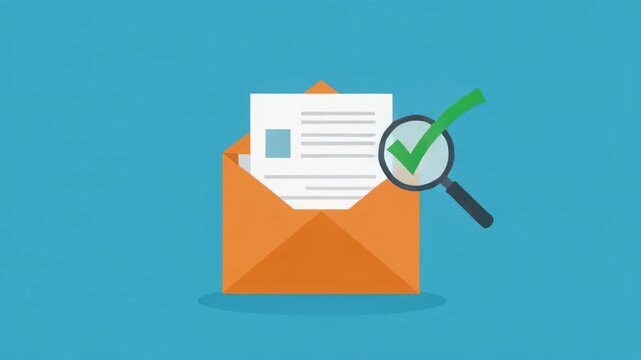 Email icon opening with document and magnifying glass search in blue background for business communication concept