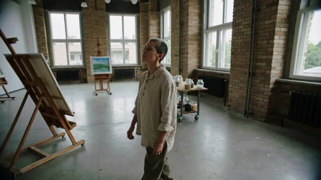 Noticing patched studio wall, woman in tan shirt, olive pants touching wall, viewing easel and cart
