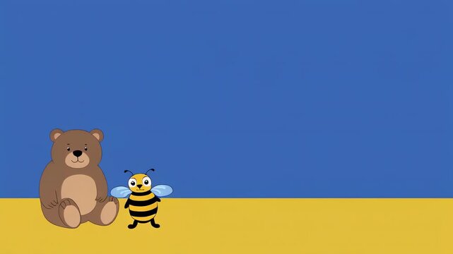 Cute Bear and Bee animated characters in a simple pattern on a blue and yellow background