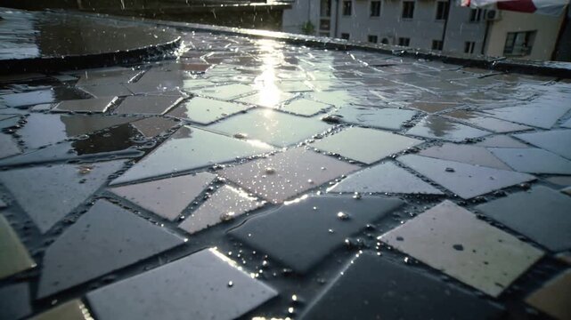 Reflecting mosaic tiles catching shifting sunlight on balcony after rain, showing puddles, laundry